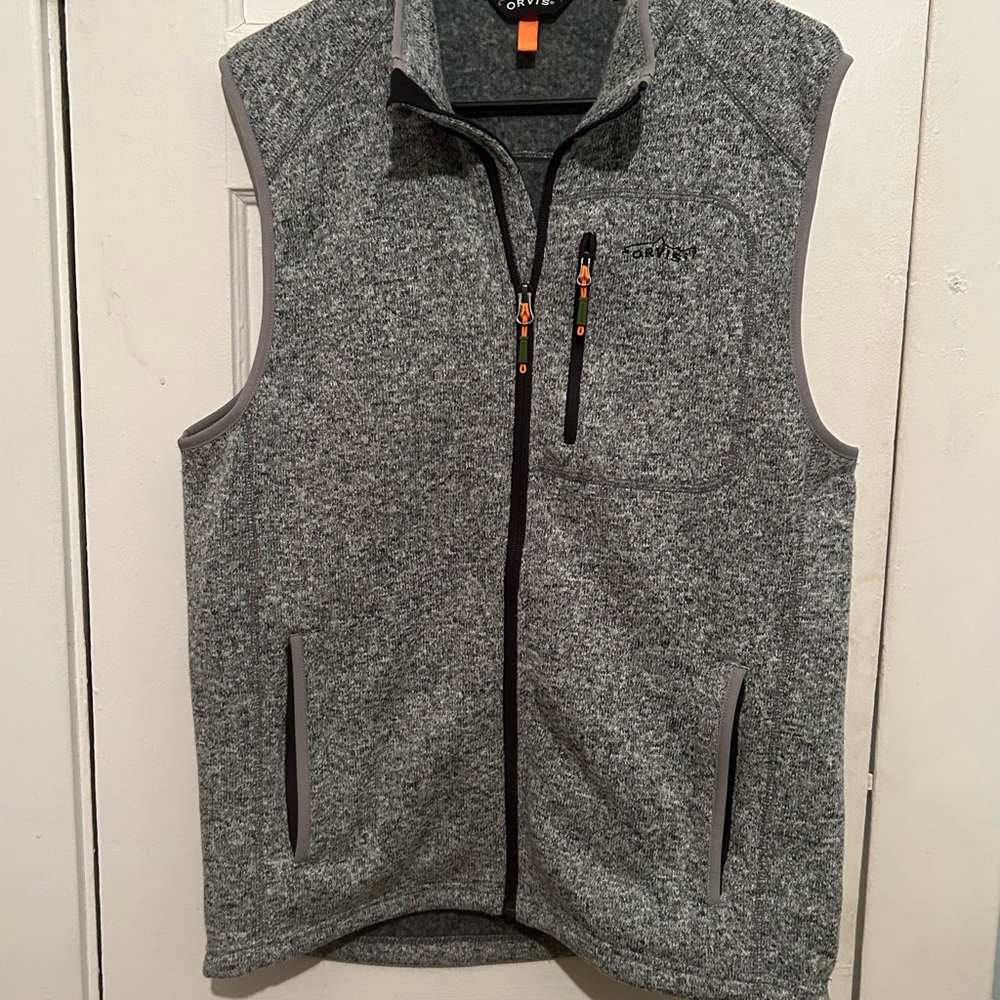 Orvis Heather Grey Fleece Zip Up Vest with Black Trim Mens Size Medium
